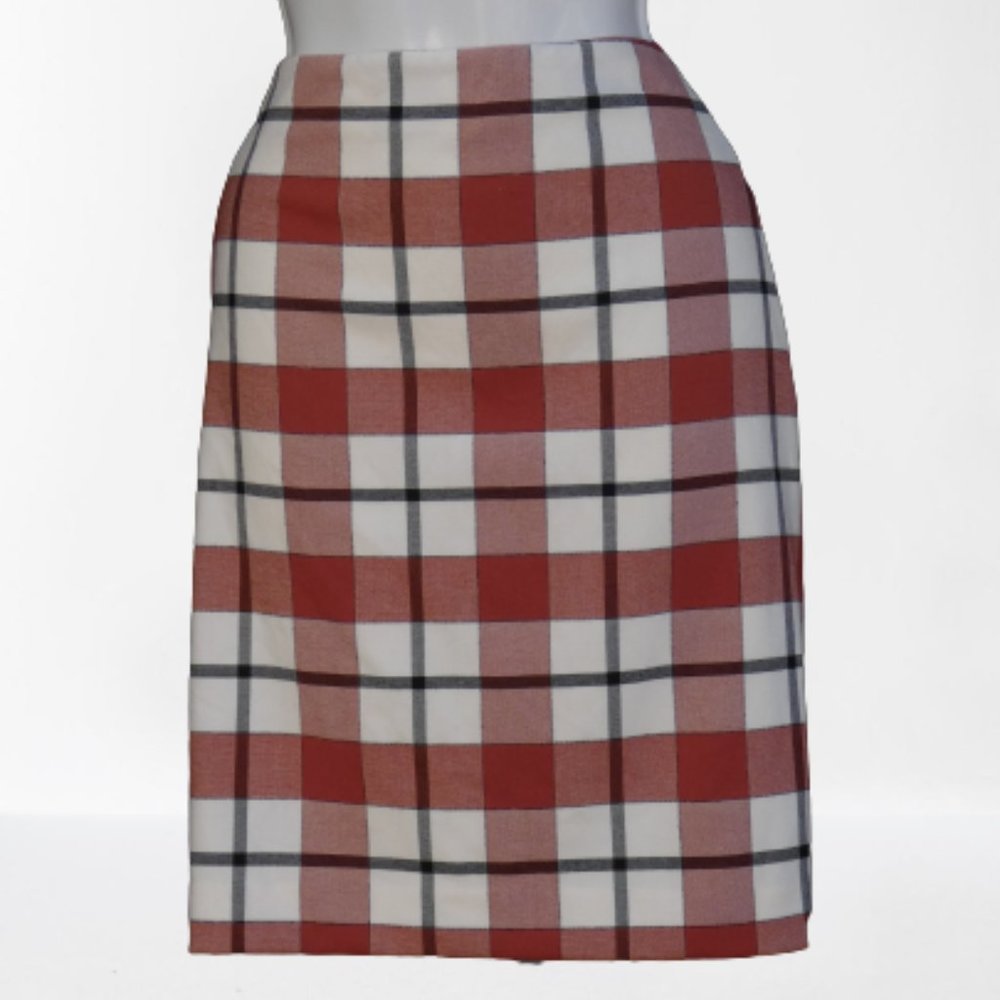 NEW ANN TAYLOR Lined Plaid Red White and Black Pencil Skirt Size 14P